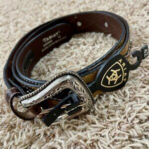 Ariat Men's Calf Hair Concho Tooled Leather Belt Brown, Size 42 (New)